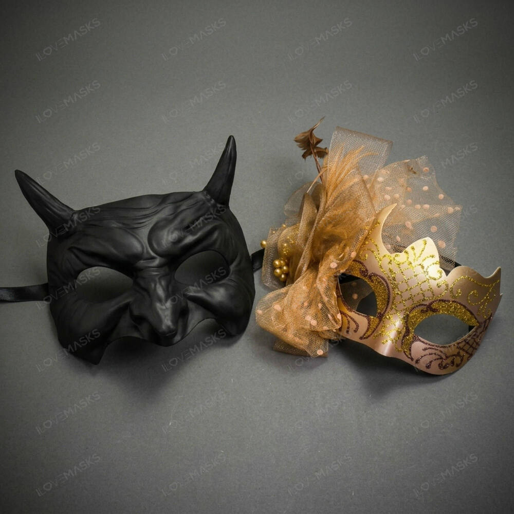 Black Horned Demon Mask & Gold Tulle Glitter Masquerade Couple Mask Set